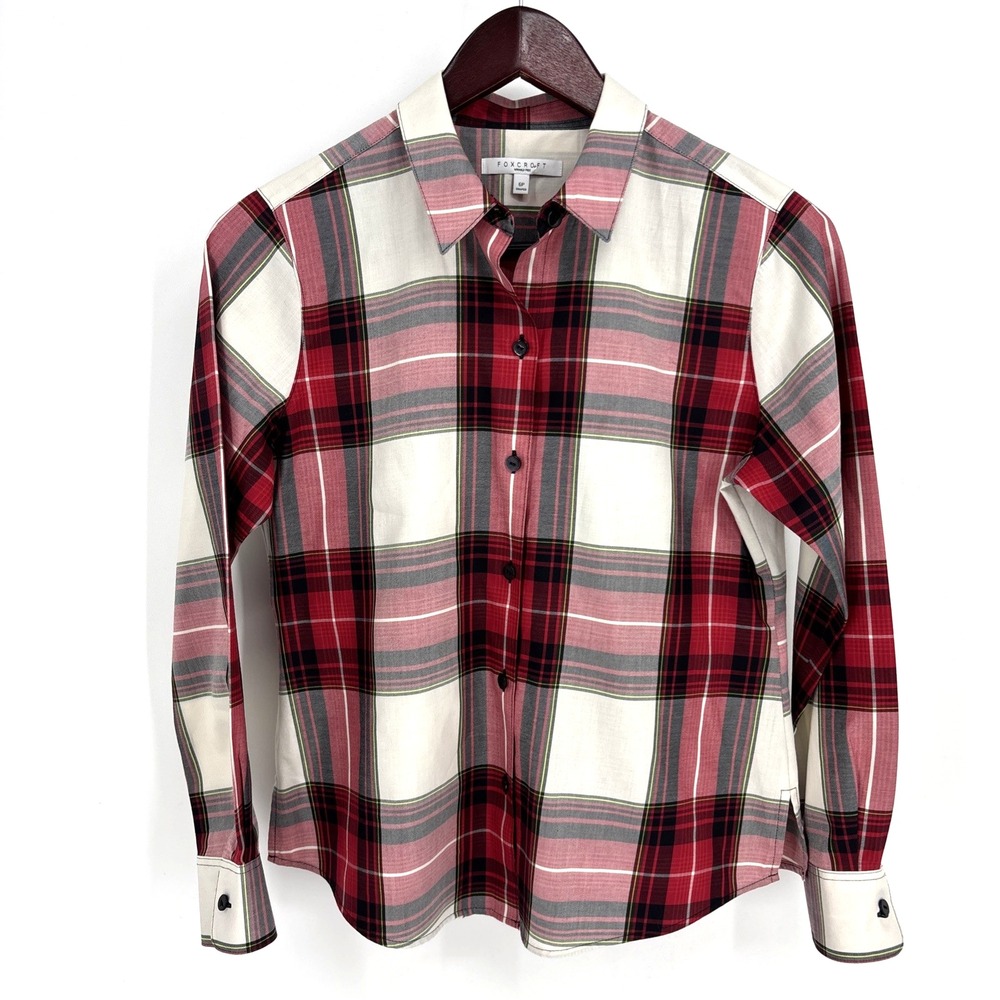 Foxcroft Red White Scotch Plaid Wrinkle Free Shirt Button Up Blouse Top Size 6P